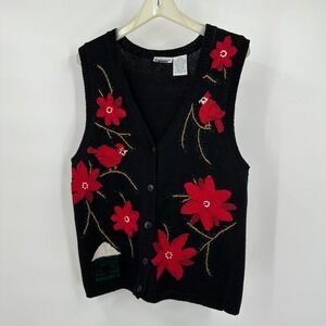 Capacity‎ Womens Christmas Sweater Vest Size M Bird Cardinal Poinsettia Black